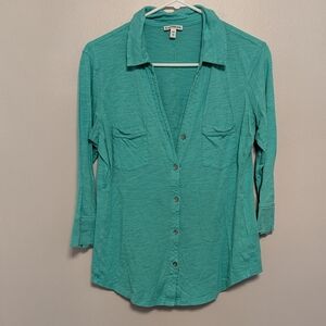 Express Slub Knit 3/4 Sleeve Teal Button Up Top
